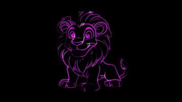 Neon frame effect, lion with a big mane and a friendly face on black background video