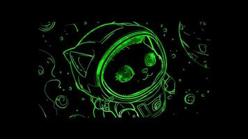 Neon frame effect,cat wearing a space helmet and floating in zero gravity on black background video