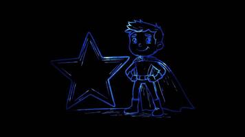 Neon frame effect, superhero standing next to a large, sparkling star on black background video