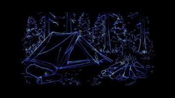 Neon frame effect, tent set up in the woods on black background video