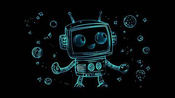 Neon frame effect, robot with a happy expression and space-themed decorations on black background video
