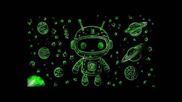 Neon frame effect, Adorable Robot in Space on black background video
