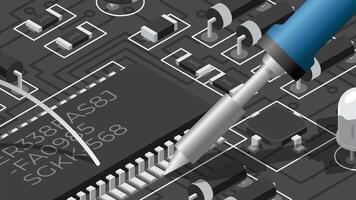 Isometric electronic board with soldering iron animation. Isometric printed circuit board with electronic components. Electronics repair. 4K animated in isometric style video