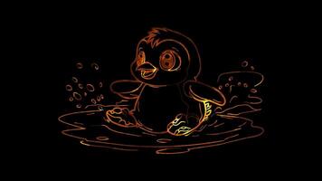 Neon frame effect, Adorable Penguin on Ice on black background video