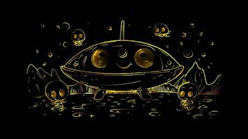 Neon frame effect, UFO with a cheerful face on black background video