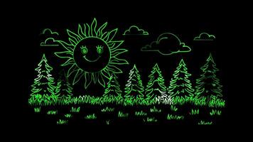 Neon frame effect, Smiling Sun and Trees on black background video