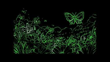 Neon frame effect, meadow filled with smiling flowers, buzzing bees, and a happy butterfly on black background video