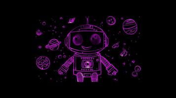 Neon frame effect, robot with a happy expression and space-themed decorations on black background video