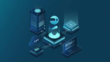 Artificial intelligence robot animation. System analysis. Big data processing. Machine learning technology. 4K animated in isometric style video
