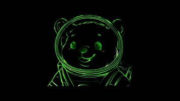 Neon frame effect, bear wearing a space helmet and floating in zero gravity on black background video