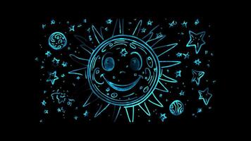 Neon frame effect, galaxy with swirling stars and a joyful expression on black background video