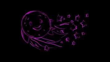 Neon frame effect, comet with a happy face leaving a trail of sparkling stars on black background video