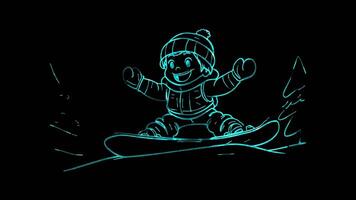 Neon frame effect, skier with a joyful expression speeding down the slopes on black background video