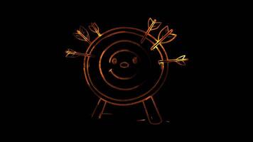 Neon frame effect, archery target with a friendly face and arrows hitting on black background video