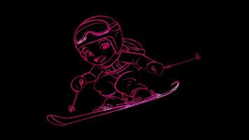 Neon frame effect, skier with a joyful expression speeding down the slopes on black background video