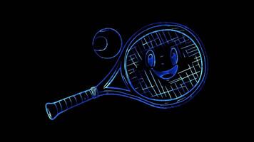 Neon frame effect, tennis racket with a cheerful face hitting a smiling ball on black background video
