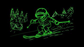 Neon frame effect, skier with a joyful expression speeding down the slopes on black background video