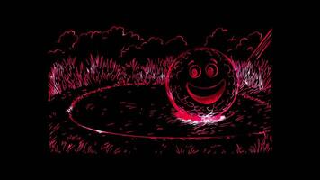 Neon frame effect, golf ball with a happy face getting ready to go in the hole on black background video