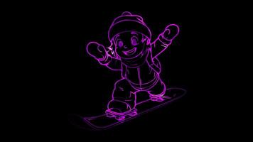 Neon frame effect, skier with a joyful expression speeding down the slopes on black background video