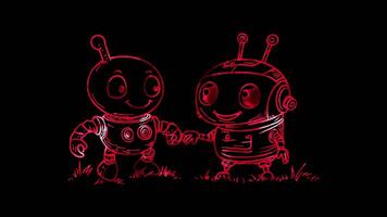Neon frame effect,Playful Alien and Robot on black background video