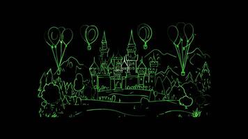 Neon- Rahmen Wirkung, spielerisch Schloss mit ein Zugbrücke auf schwarz Hintergrund video