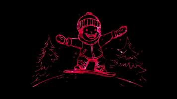 Neon frame effect, skier with a joyful expression speeding down the slopes on black background video