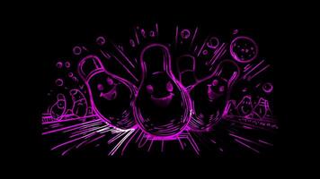 Neon frame effect, Bowling pins with cute faces being knocked down on black background video