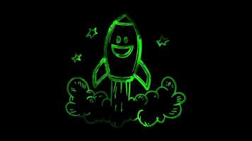 Neon frame effect, rocket ship with a big smile blasting off into space on black background video