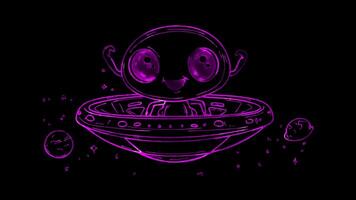 Neon frame effect,Smiling Alien and UFO on black background video