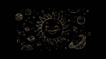 Neon frame effect, Smiling Sun and Planets on black background video