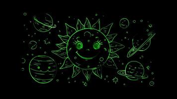 Neon frame effect, Smiling Sun and Planets on black background video