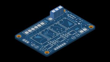 Isometric electronic board animation. Isometric printed circuit board with electronic components. Electronic components and integrated circuit board. Transparent background with alpha channel video