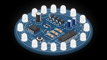 Isometric electronic board animation. Isometric printed circuit board with electronic components. Electronic components and integrated circuit board. Transparent background with alpha channel video