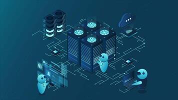 Data center and web hosting isometric concept animation. Cloud computing storage. Isometric server room rack. 4K animated in isometric style video