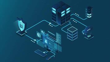VPN protection animation with a shield. Virtual private network security technology concept. Cyber security. 4K animated in isometric style video