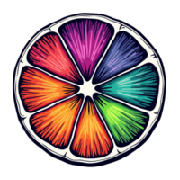 A rainbow representation of a citrus fruit slice features twelve segments, each in a different vibrant cutouts png
