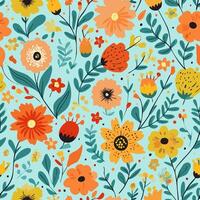 Seamless pattern with colorful flowers and leaves illustration. vector