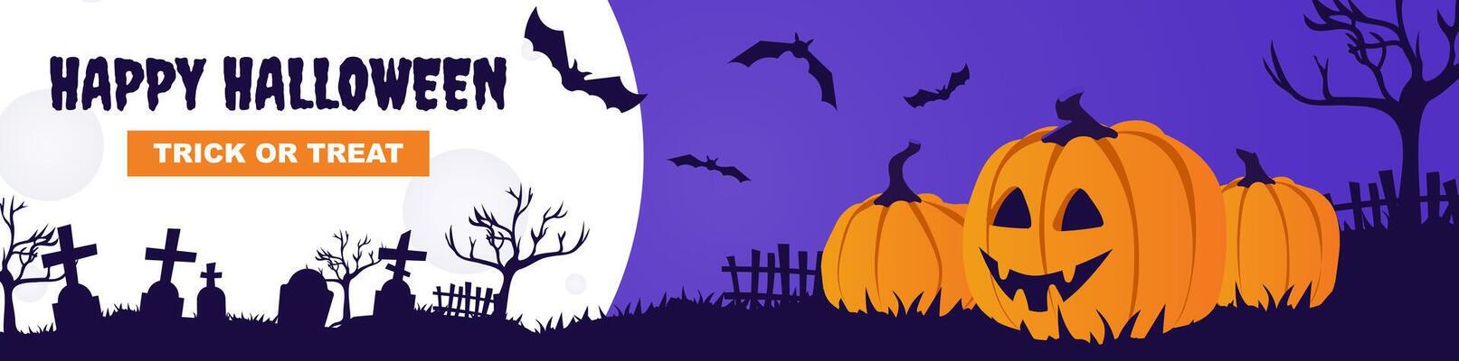 Happy Halloween banner design. Party invitation template with spooky pumpkins with evil smile, huge mystery moon at night, flying creepy bats, black trees and cemetery silhouette. illustration.