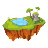 Flying ground island in flat design. Level platform with trees, stone, lake and lawn. illustration isolated. vector