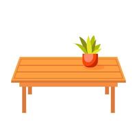Wooden table with plant in pot in flat design. Small coffee tabletop with planks. illustration isolated. vector