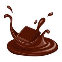 Chocolate cube falling in liquid in flat design. Cocoa candy in cream swirl. illustration isolated. vector