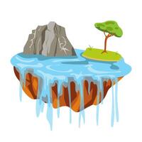 Flying ground island in flat design. Level platform with rocks, tree, pouring water. illustration isolated. vector