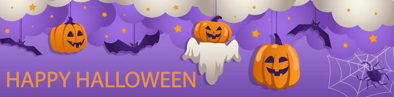 Happy Halloween banner design. Party invitation template with spooky pumpkins with evil smiles, creepy ghost and flying bats hanging in clouds with stars, black spider on web. illustration. vector