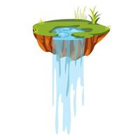 Flying ground island in flat design. Level platform with lawn and waterfall. illustration isolated. vector