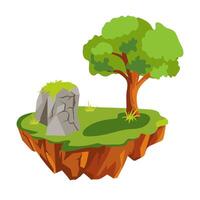 Flying ground island in flat design. Level platform with stone, tree and lawn. illustration isolated. vector