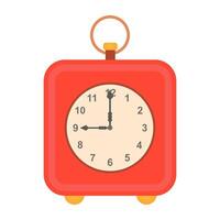 Alarm clock in flat design. Retro red timer in square shape with ring. illustration isolated. vector