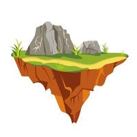 Flying ground island in flat design. Level platform with rocks, lawn and path. illustration isolated. vector