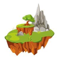 Flying ground island in flat design. Level platform with mountains, tree and grass. illustration isolated. vector