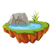 Flying ground island in flat design. Level platform with rocks, lake and grass. illustration isolated. vector