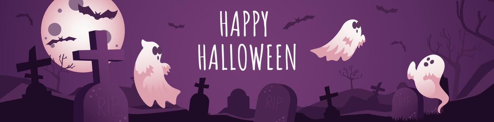 Happy Halloween banner design. Party invitation purple template with night cemetery, tombstones and crosses, flying spooky ghosts and bats, huge mystery moon and black trees. illustration.